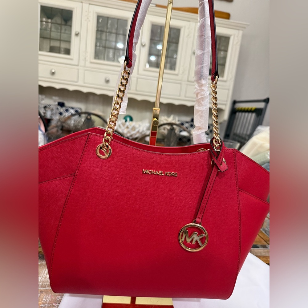 NWT Michael Kors Red Women's Large Jet Set Tote with Chain Accents.